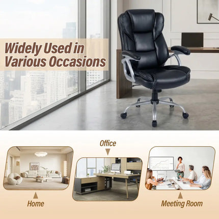 Executive Office Chair Leather Ergonomic Computer Desk Chair with Padded Seat and Armrests-Black - Black - Executive