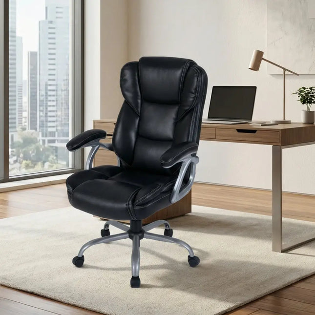 Executive Office Chair Leather Ergonomic Computer Desk Chair with Padded Seat and Armrests-Black - Black - Executive