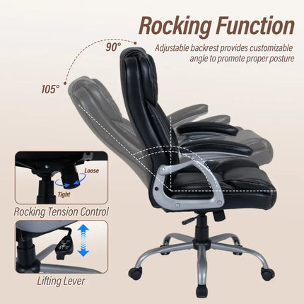 Executive Office Chair Leather Ergonomic Computer Desk Chair with Padded Seat and Armrests-Black - Black - Executive