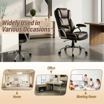 Executive Office Chair Leather Ergonomic Computer Desk Chair with Padded Seat and Armrests-Brown - Brown - Executive