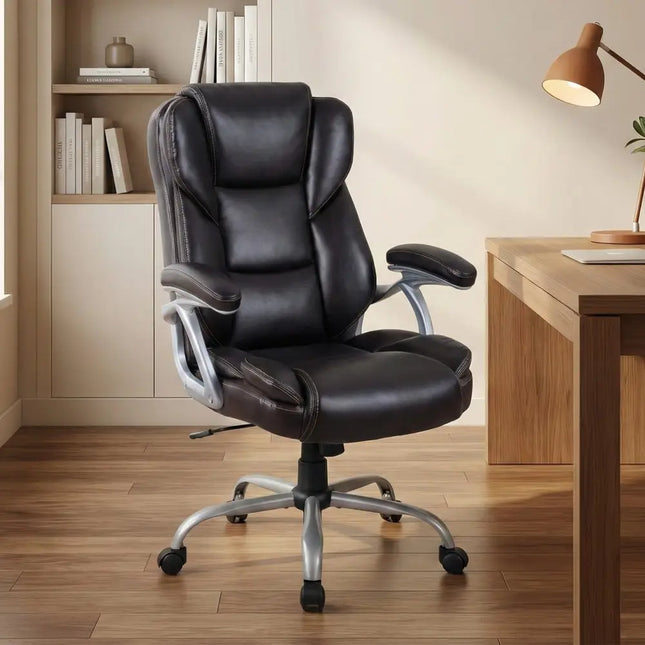 Executive Office Chair Leather Ergonomic Computer Desk Chair with Padded Seat and Armrests-Brown - Brown - Executive