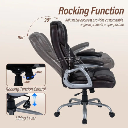 Executive Office Chair Leather Ergonomic Computer Desk Chair with Padded Seat and Armrests-Brown - Brown - Executive