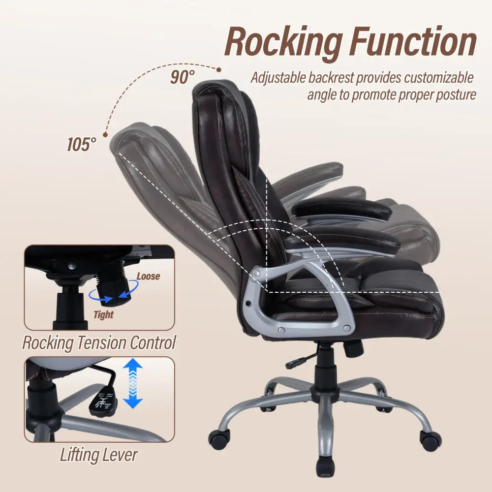 Executive Office Chair Leather Ergonomic Computer Desk Chair with Padded Seat and Armrests-Brown - Brown - Executive