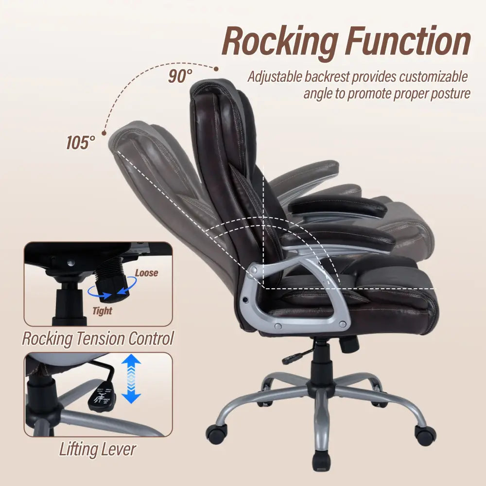 Executive Office Chair Leather Ergonomic Computer Desk Chair with Padded Seat and Armrests-Brown - Brown - Executive