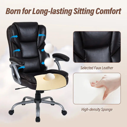 Executive Office Chair Leather Ergonomic Computer Desk Chair with Padded Seat and Armrests-Brown - Brown - Executive