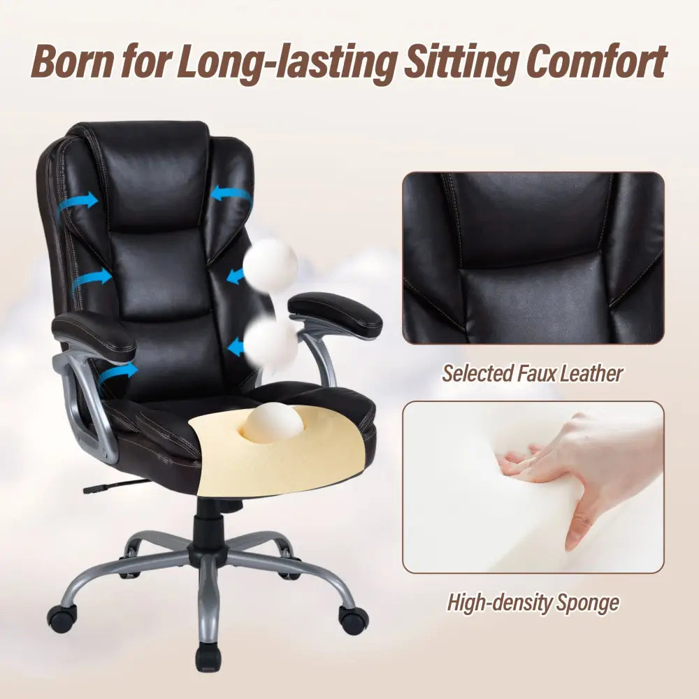 Executive Office Chair Leather Ergonomic Computer Desk Chair with Padded Seat and Armrests-Brown - Brown - Executive