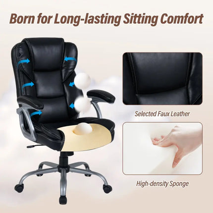 Executive Office Chair Leather Ergonomic Computer Desk Chair with Padded Seat and Armrests-Black - Black - Executive