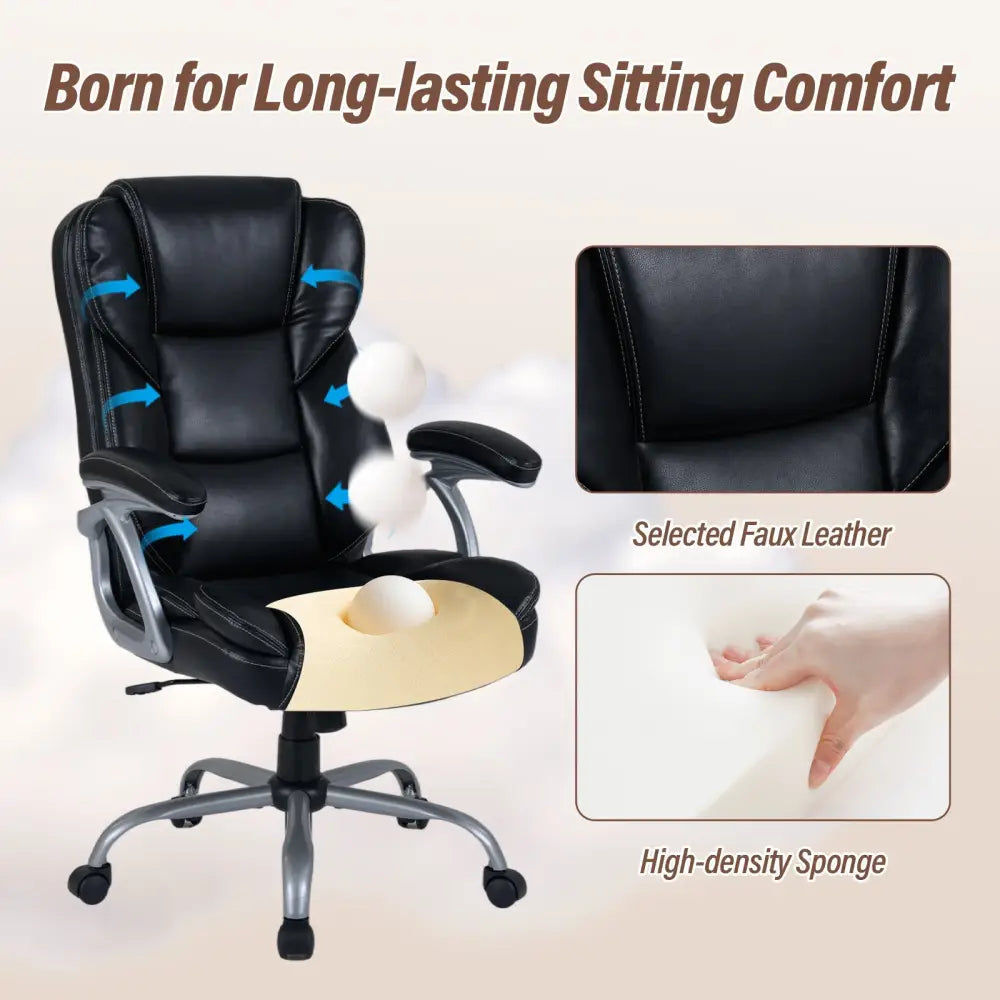 Executive Office Chair Leather Ergonomic Computer Desk Chair with Padded Seat and Armrests-Black - Black - Executive