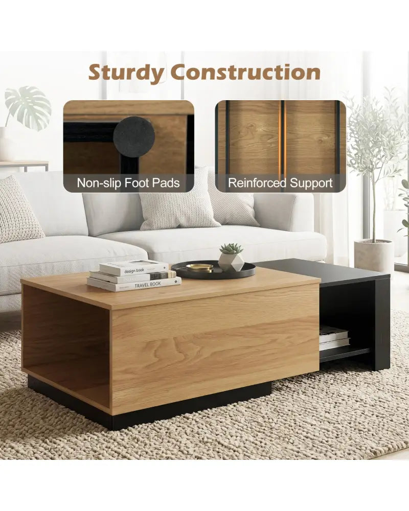 Extendable Coffee table with Concealed Storage Compartment-Natural - Natural - Coffee Tables
