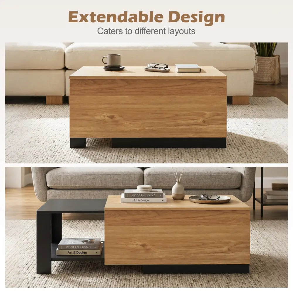 Extendable Coffee table with Concealed Storage Compartment-Natural - Natural - Coffee Tables
