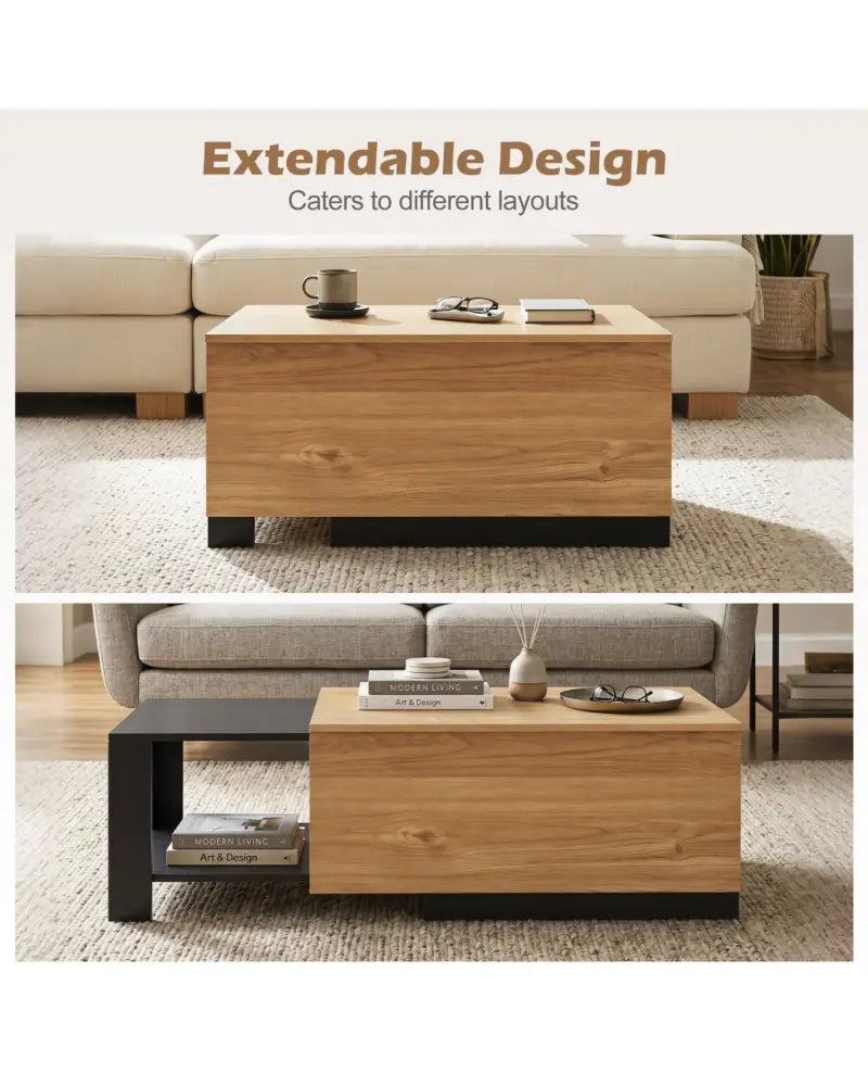 Extendable Coffee table with Concealed Storage Compartment-Natural - Natural - Coffee Tables