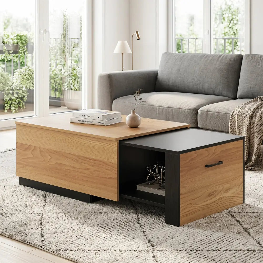 Extendable Coffee table with Concealed Storage Compartment-Natural - Natural - Coffee Tables