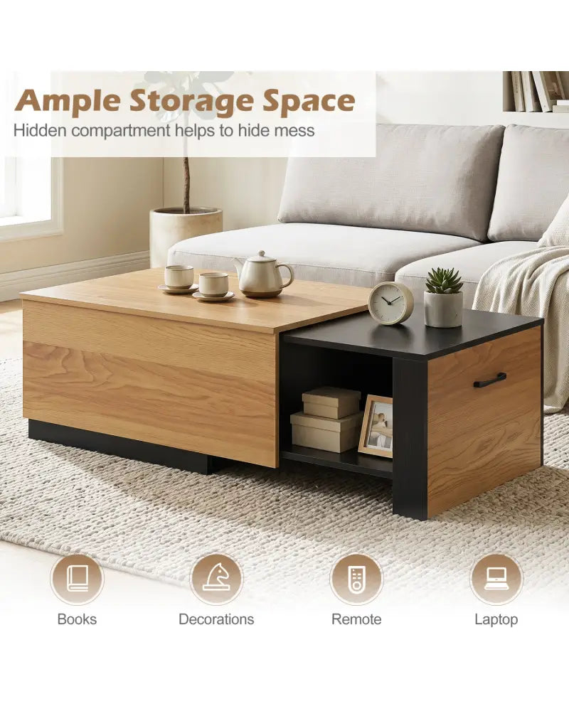 Extendable Coffee table with Concealed Storage Compartment-Natural - Natural - Coffee Tables
