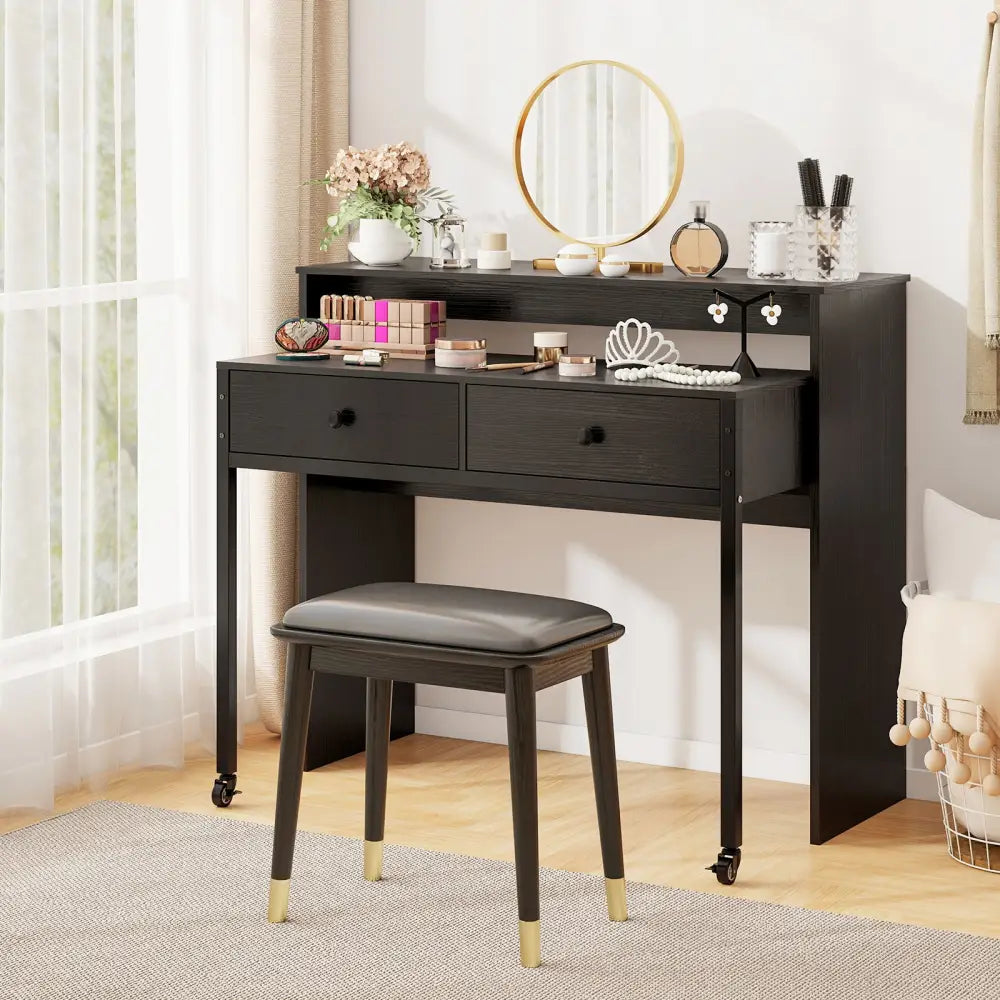 Extendable Computer Desk with 2 Storage Drawers Convertible Home Office Rolling Study Writing Desk-Black - Black