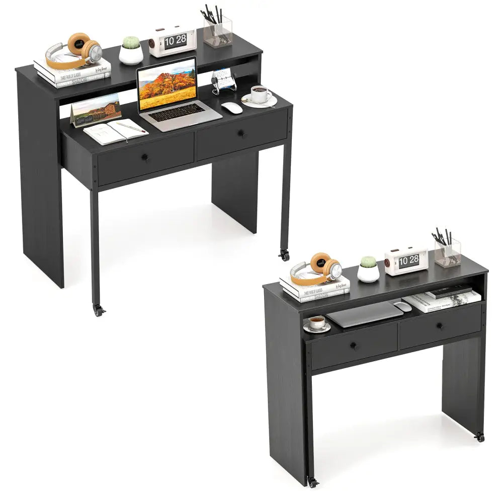 Extendable Computer Desk with 2 Storage Drawers Convertible Home Office Rolling Study Writing Desk-Black - Black
