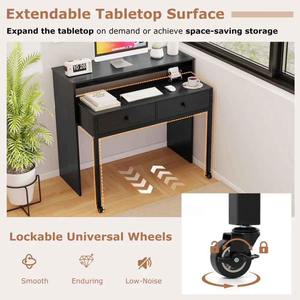Extendable Computer Desk with 2 Storage Drawers Convertible Home Office Rolling Study Writing Desk-Black - Black
