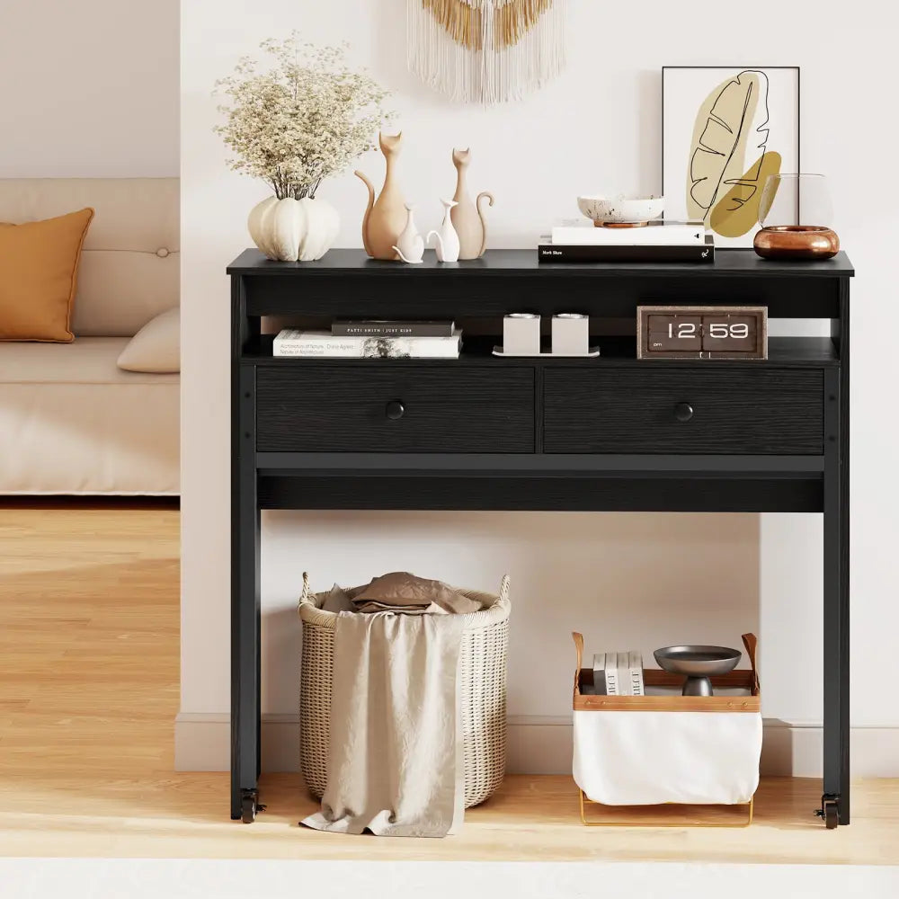 Extendable Computer Desk with 2 Storage Drawers Convertible Home Office Rolling Study Writing Desk-Black - Black
