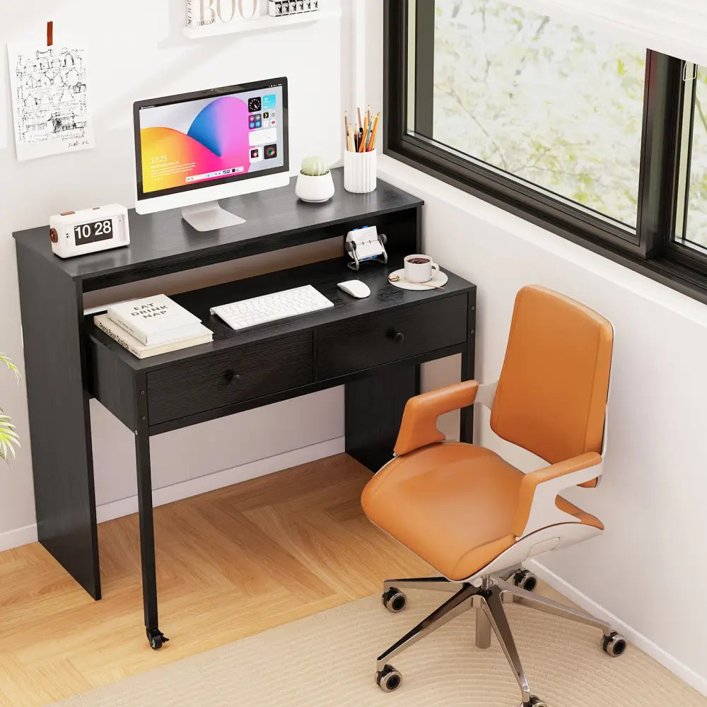 Extendable Computer Desk with 2 Storage Drawers Convertible Home Office Rolling Study Writing Desk-Black - Black