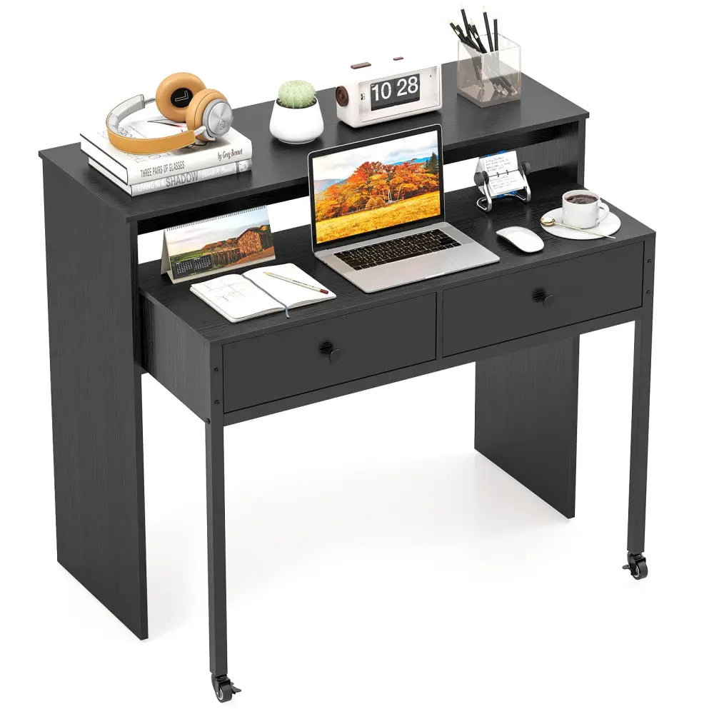 Extendable Computer Desk with 2 Storage Drawers Convertible Home Office Rolling Study Writing Desk-Black - Black