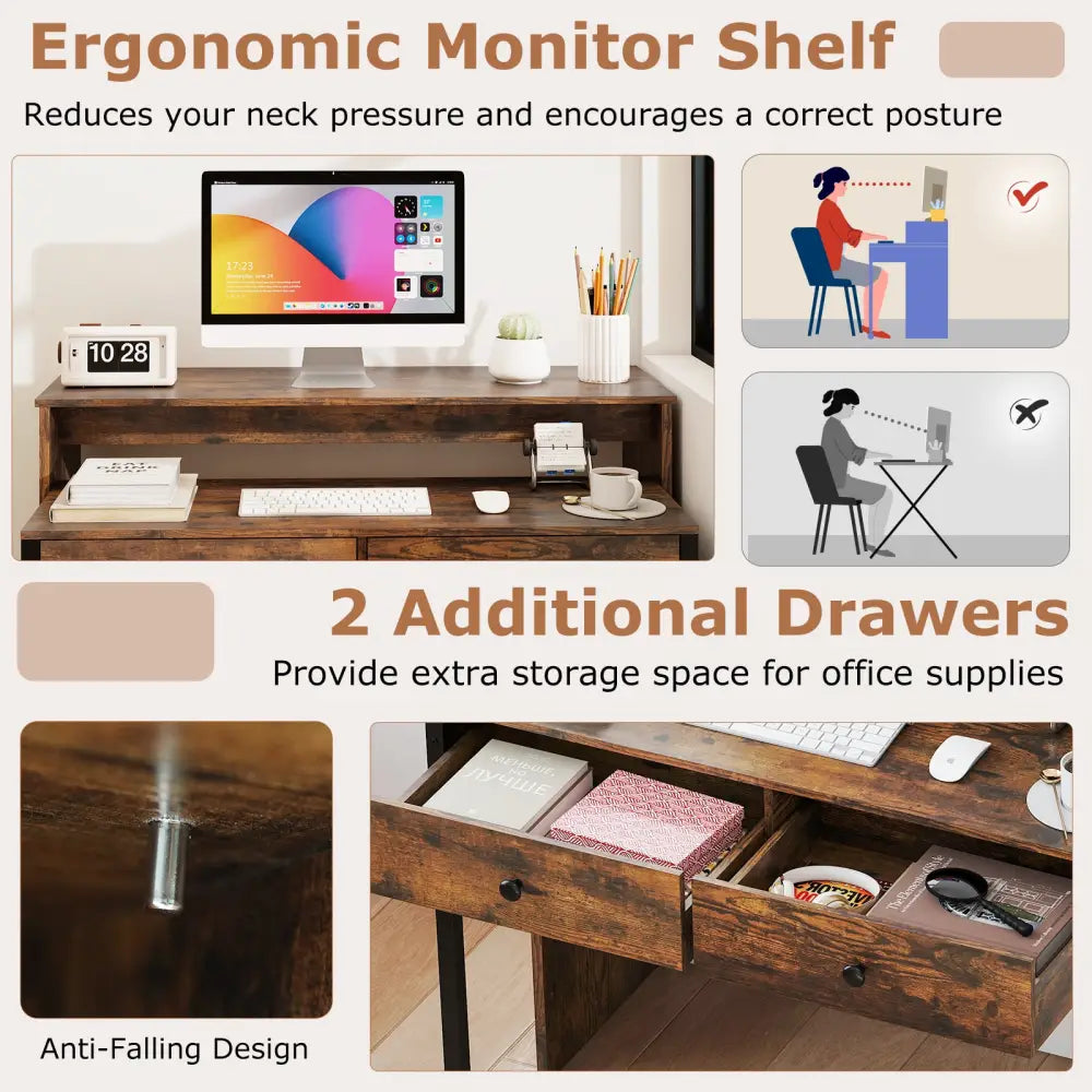 Extendable Computer Desk with 2 Storage Drawers Convertible Home Office Rolling Study Writing Desk-Rustic Brown