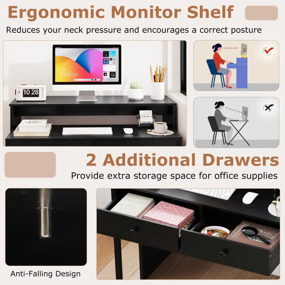 Extendable Computer Desk with 2 Storage Drawers Convertible Home Office Rolling Study Writing Desk-Black - Black