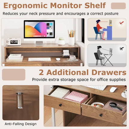 Extendable Computer Desk with Pull Out Secondary Desk-Natural - Natural - Office Desks