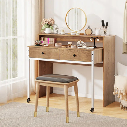 Extendable Computer Desk with Pull Out Secondary Desk-Natural - Natural - Office Desks