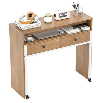 Extendable Computer Desk with Pull Out Secondary Desk-Natural - Natural - Office Desks