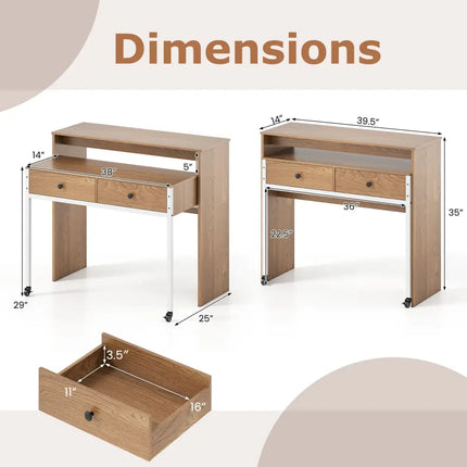 Extendable Computer Desk with Pull Out Secondary Desk-Natural - Natural - Office Desks