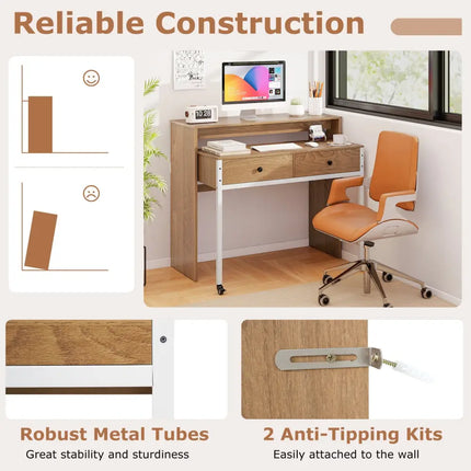 Extendable Computer Desk with Pull Out Secondary Desk-Natural - Natural - Office Desks
