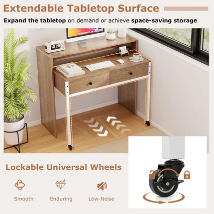 Extendable Computer Desk with Pull Out Secondary Desk-Natural - Natural - Office Desks