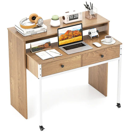 Extendable Computer Desk with Pull Out Secondary Desk-Natural - Natural - Office Desks