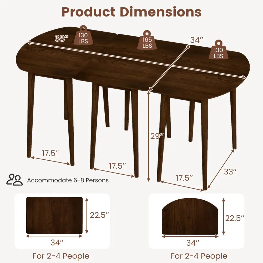 Extendable Dining Table Set with 2 Half-Round and 1 Rectangular Tables-Walnut - Walnut - Dining Tables