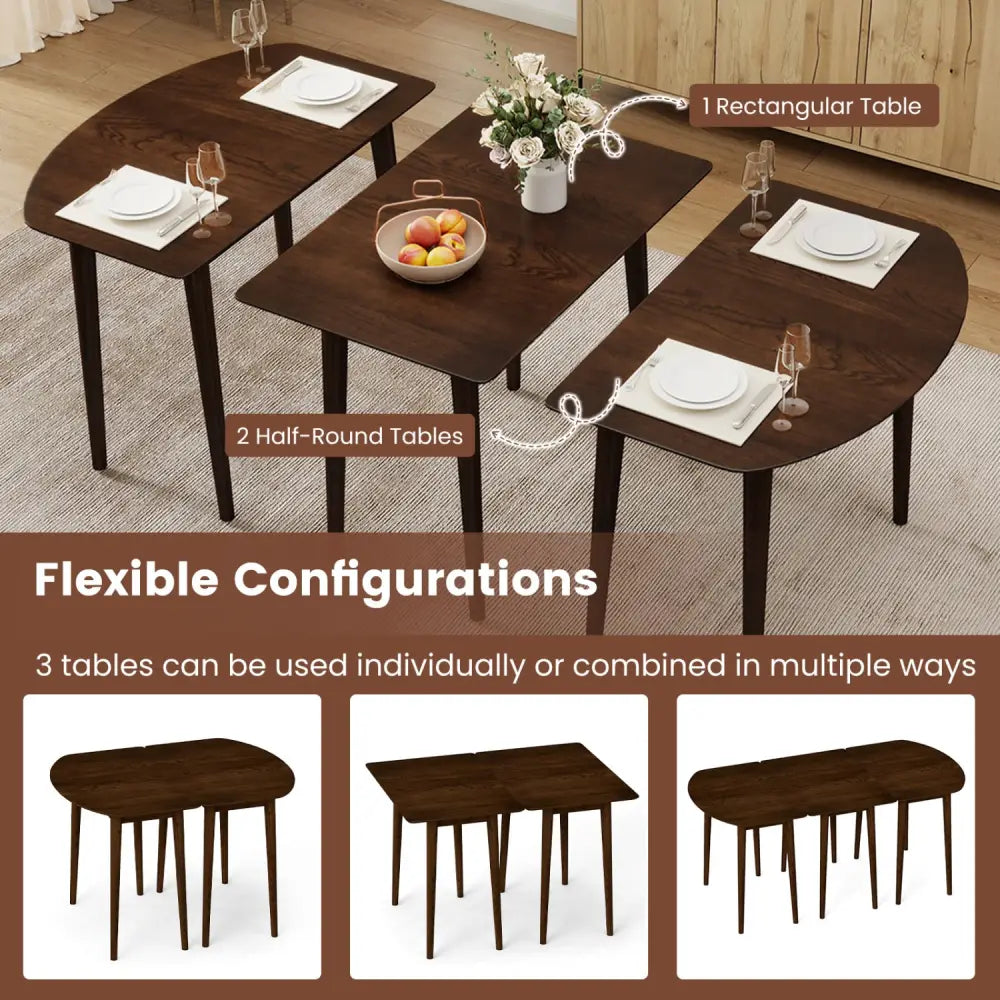 Extendable Dining Table Set with 2 Half-Round and 1 Rectangular Tables-Walnut - Walnut - Dining Tables