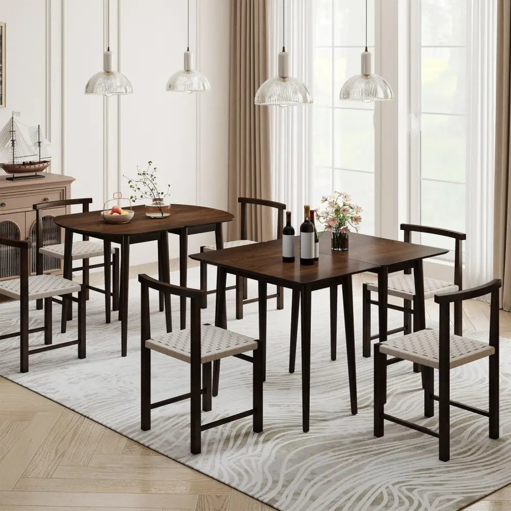 Extendable Dining Table Set with 2 Half-Round and 1 Rectangular Tables-Walnut - Walnut - Dining Tables