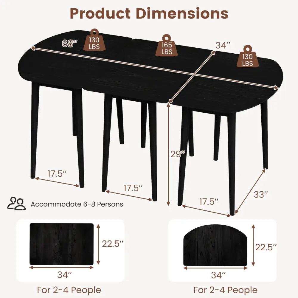 Extendable Dining Table Set with 2 Half-Round and 1 Rectangular Tables-Black - Black - Dining Tables
