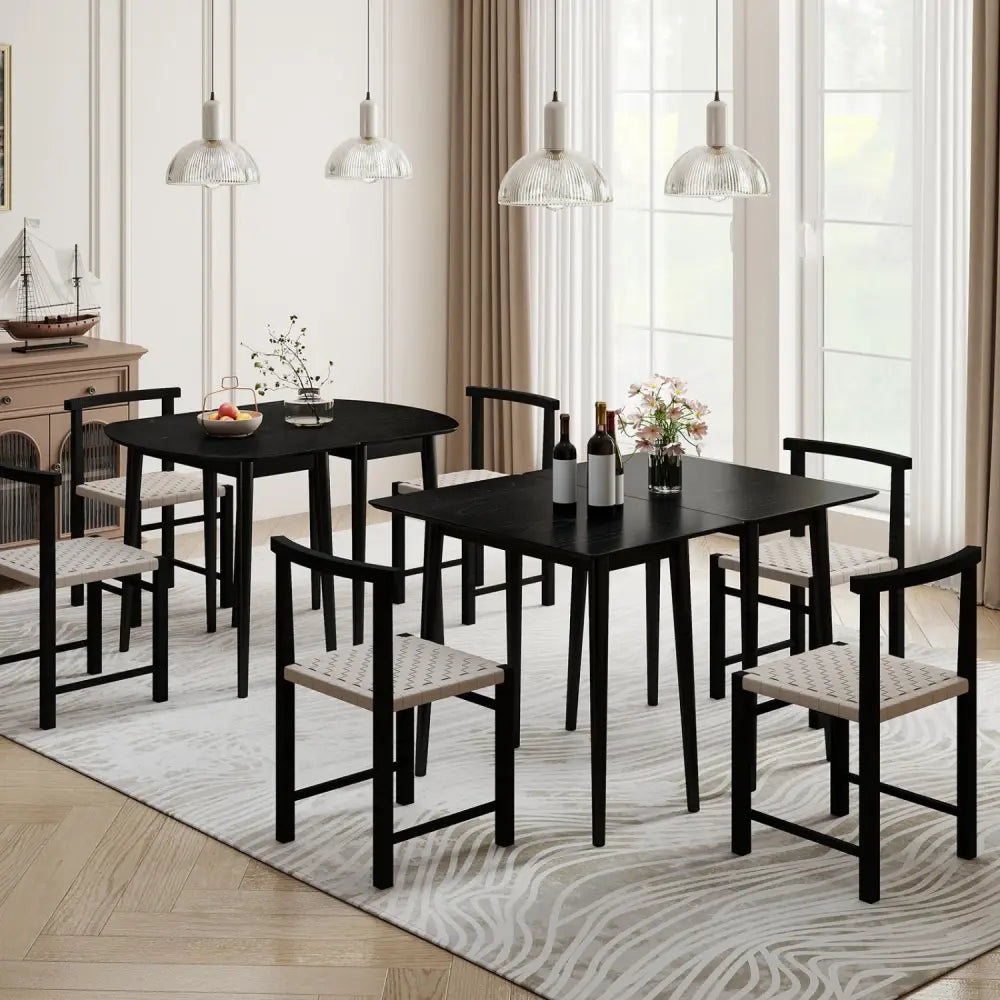 Extendable Dining Table Set with 2 Half-Round and 1 Rectangular Tables-Black - Black - Dining Tables