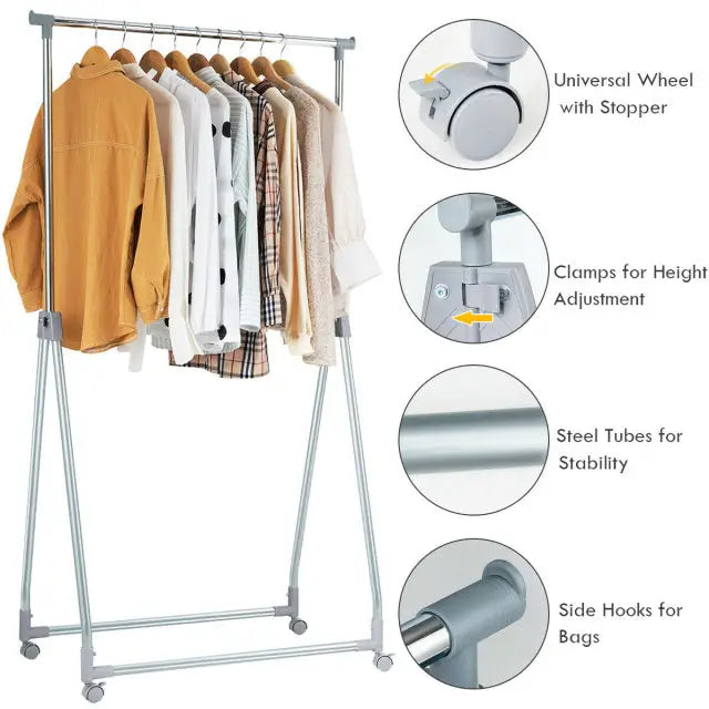 Extendable Foldable Heavy Duty Clothing Rack with Hanging Rod - Silver - Clothing & Closet Storage