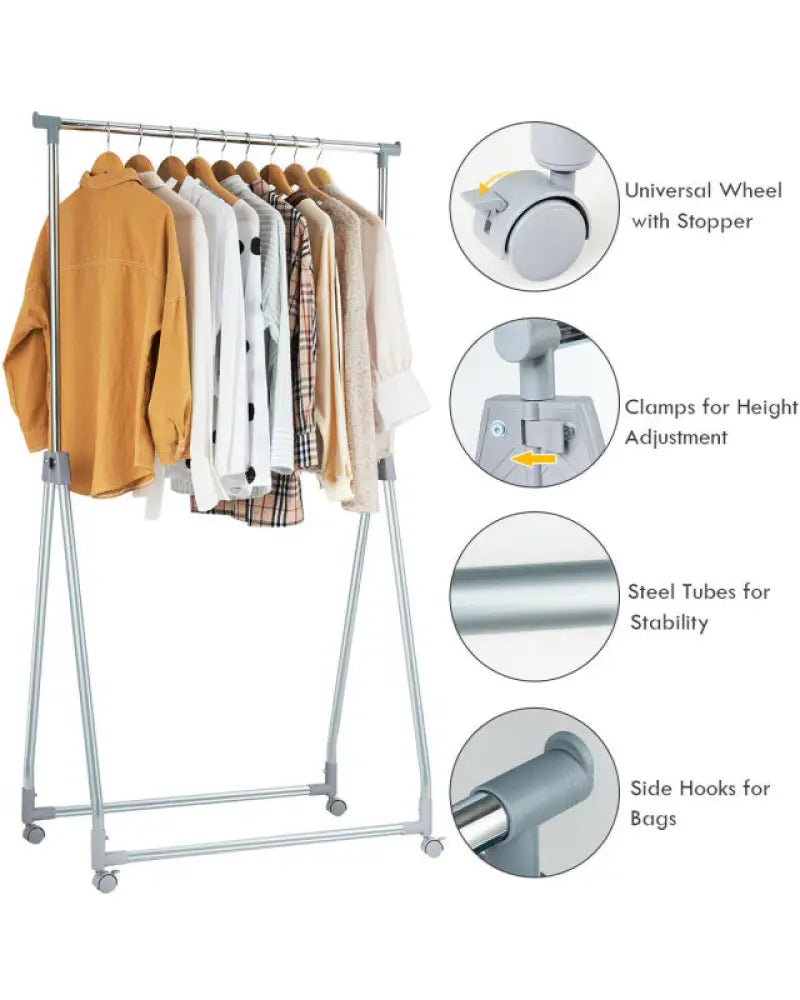Extendable Foldable Heavy Duty Clothing Rack with Hanging Rod - Silver - Clothing & Closet Storage