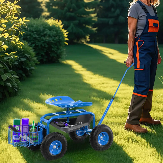 Extendable Handle Garden Cart Rolling Wagon Scooter-Blue - Blue - Garden Tools