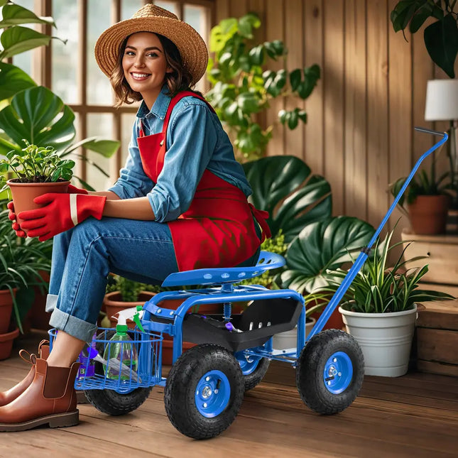 Extendable Handle Garden Cart Rolling Wagon Scooter-Blue - Blue - Garden Tools