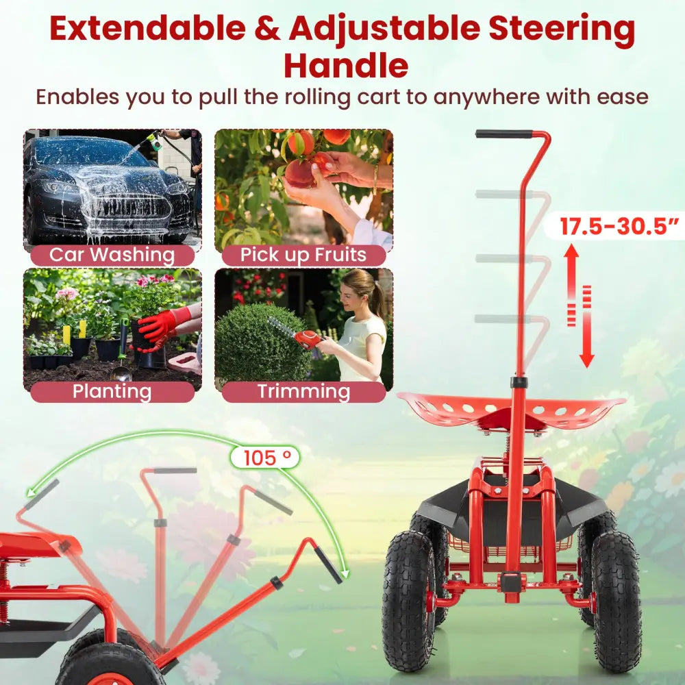 Extendable Handle Garden Cart Rolling Wagon Scooter-Red - Red - Garden Tools