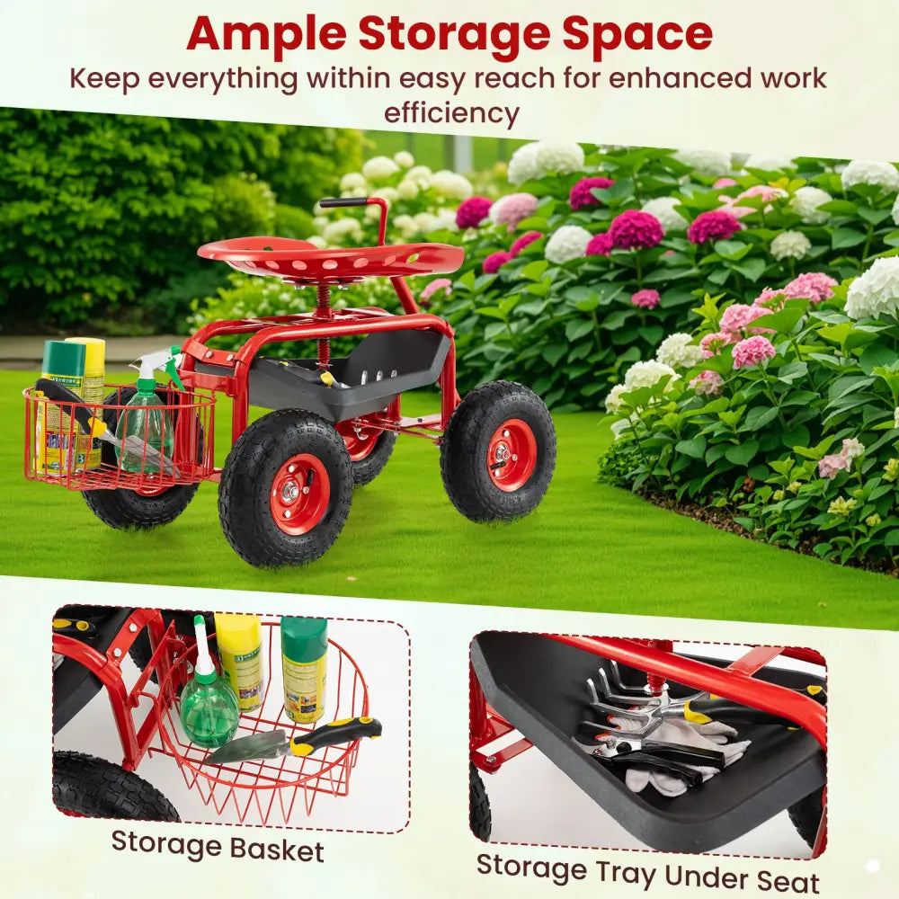 Extendable Handle Garden Cart Rolling Wagon Scooter-Red - Red - Garden Tools