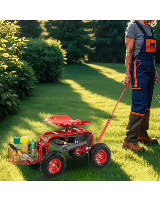 Extendable Handle Garden Cart Rolling Wagon Scooter-Red - Red - Garden Tools