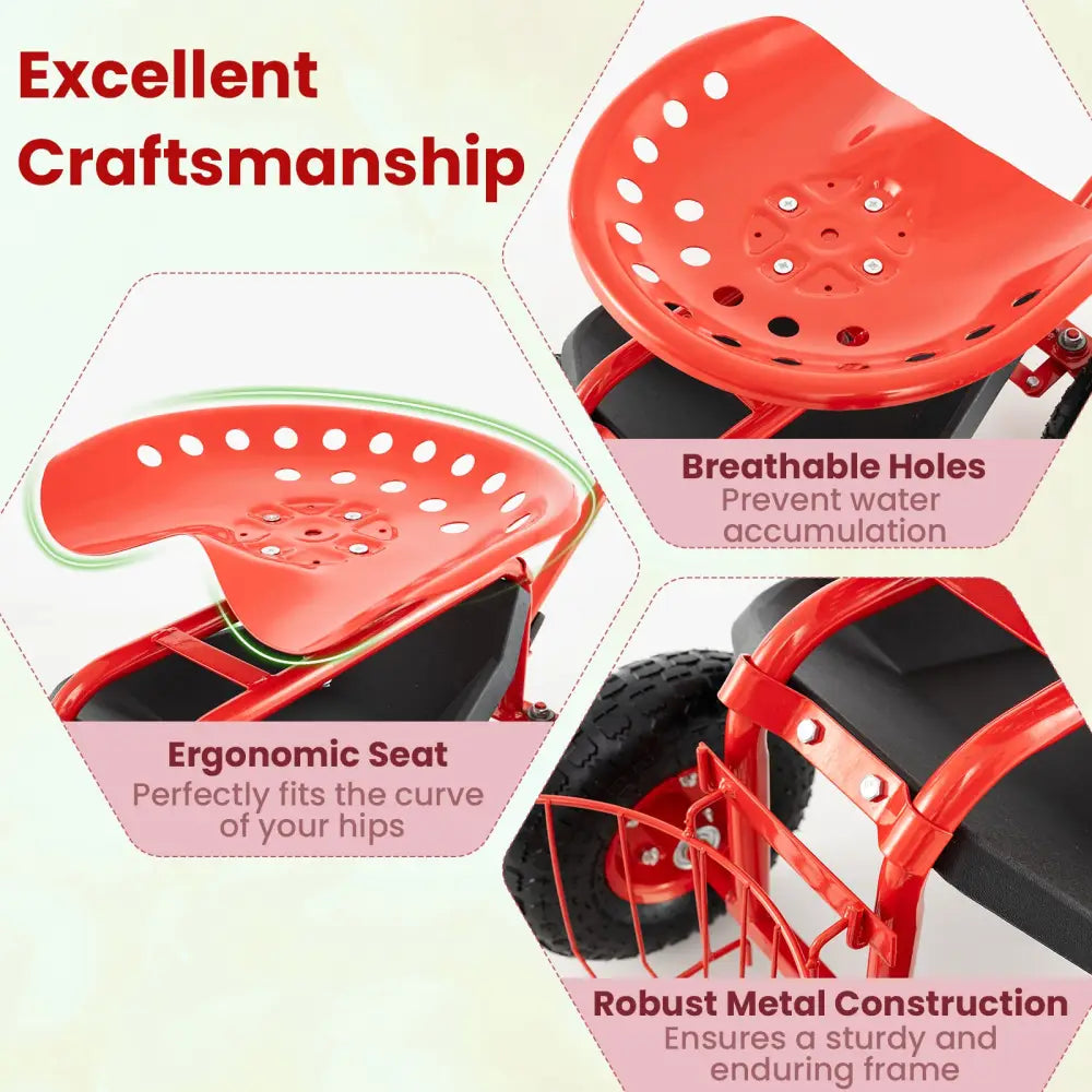 Extendable Handle Garden Cart Rolling Wagon Scooter-Red - Red - Garden Tools