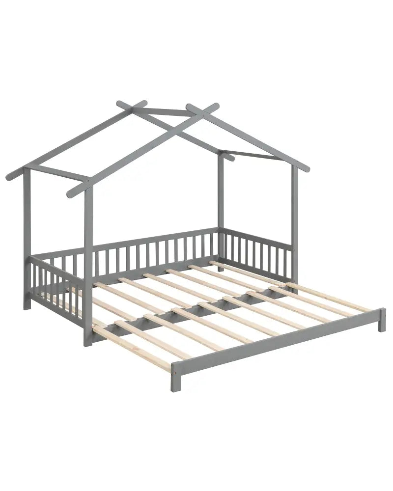 Extendable House Bed Twin to King Daybed with Roof and Fence Rails-Gray - Gray - Trundle Bed Frame