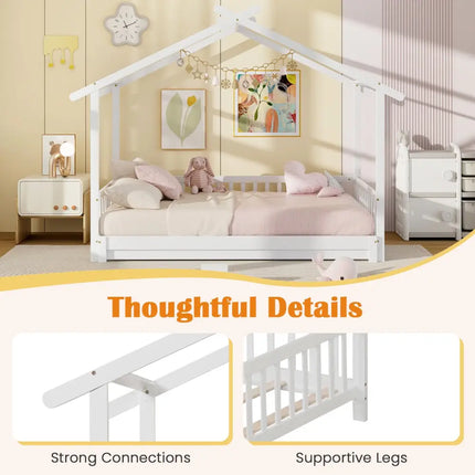 Extendable House Bed Twin to King Daybed with Roof and Fence Rails-White - White - Trundle Bed Frame