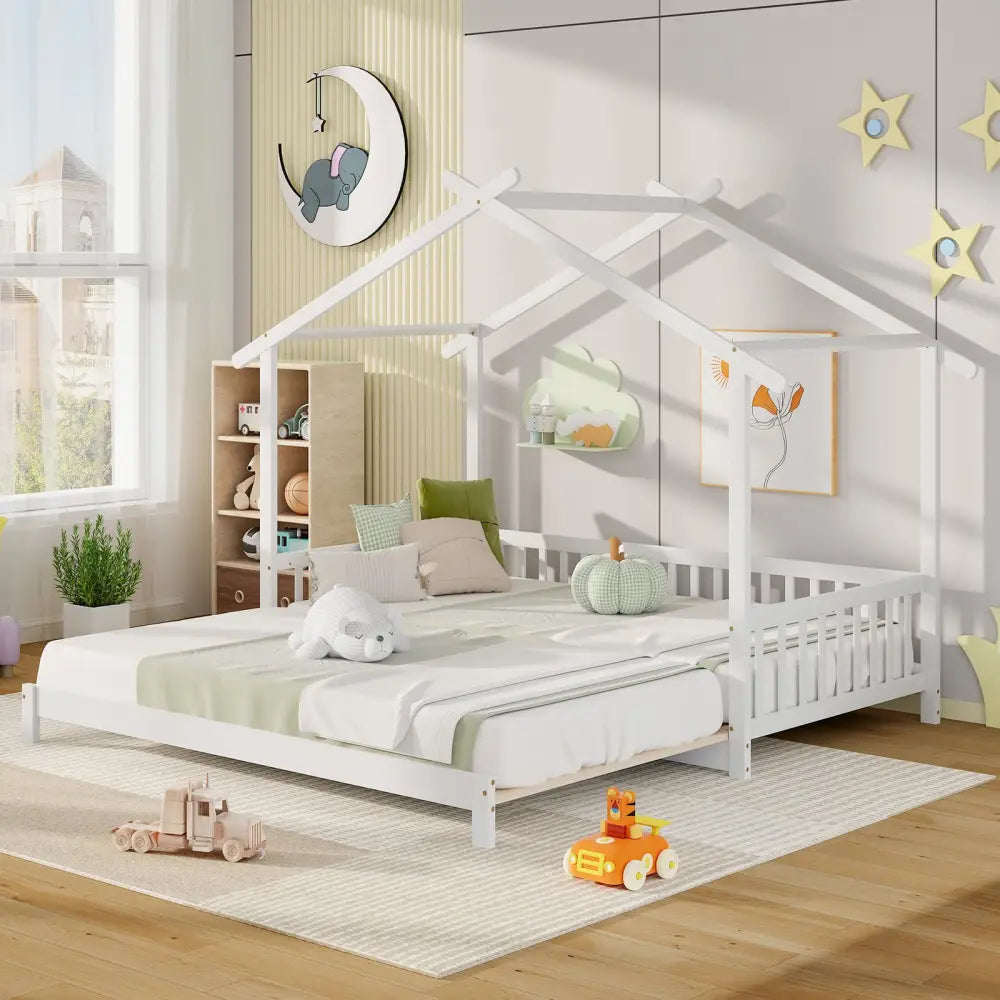 Extendable House Bed Twin to King Daybed with Roof and Fence Rails-White - White - Trundle Bed Frame