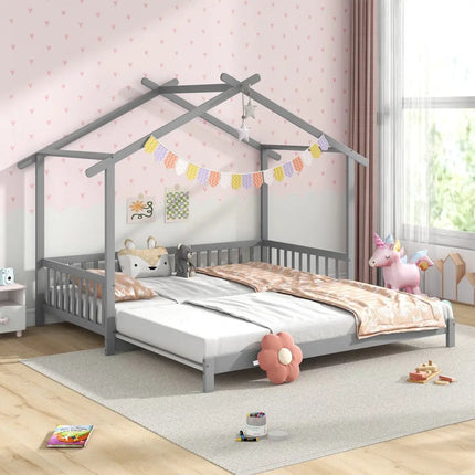 Extendable House Bed Twin to King Daybed with Roof and Fence Rails-Gray - Gray - Trundle Bed Frame