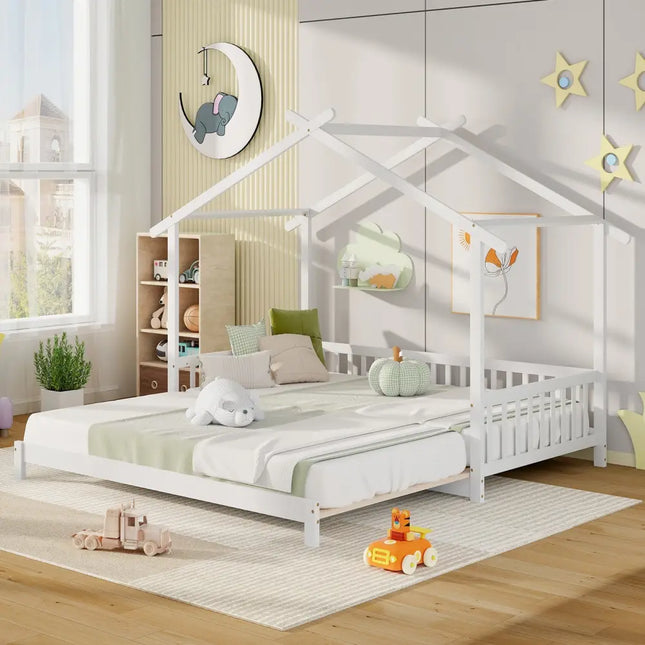 Extendable House Bed Twin to King Daybed with Roof and Fence Rails-White - White - Trundle Bed Frame